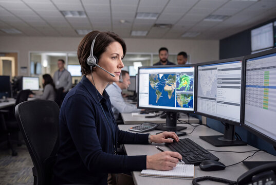 Airline operations controller monitoring flight routes and weather in operations control center