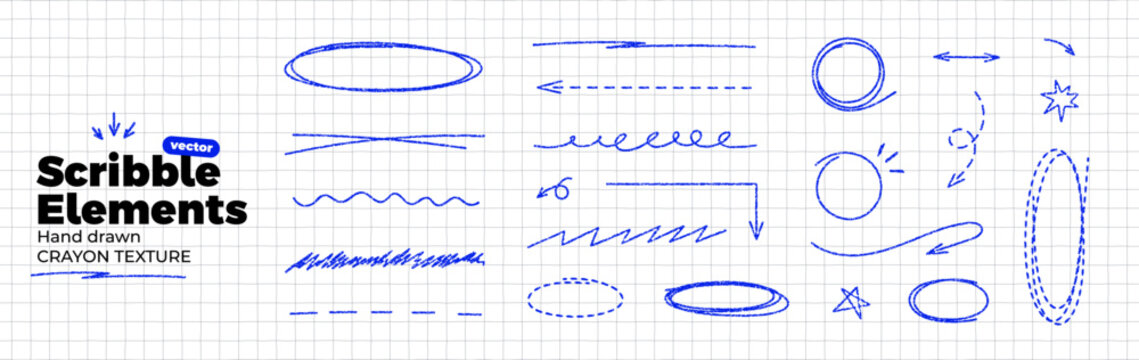 Scribble doodle set on notebook paper. Hand drawn blue pen texture. Curved, twisted and rounded lines and arrows. Chalk pencil, crayon or ink brush. Vector illustration