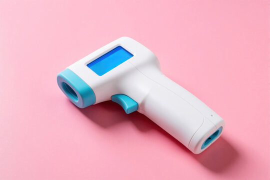 Digital infrared thermometer gun for non contact temperature measurement. White, blue medical device on pink background. Electronic thermal sensor tool used for fever check, virus diagnostics. Hand