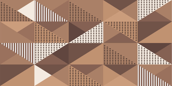 Geometric triangle pattern in warm earth tones features neutral beige and brown segments with dotted and striped textures for retro design.