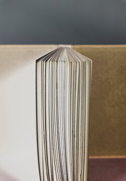 Close up of antique opened book or journal, balanced upright