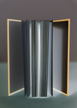 Close up of opened book, balanced upright