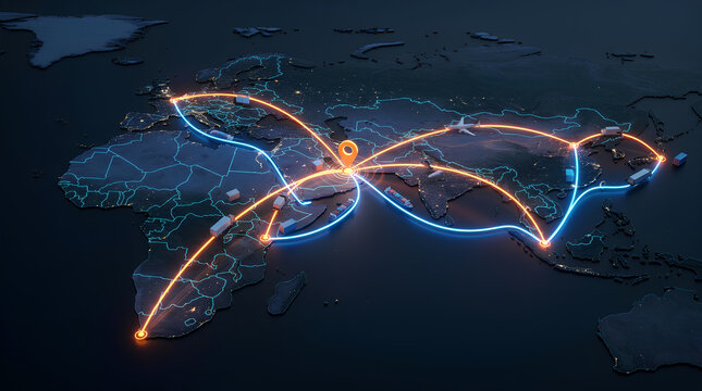 Global interconnected digital network displaying multiple international data routes on illuminated world map for communication