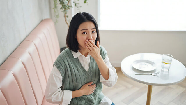 Young Asian woman covering mouth with hand and holding stomach feeling nauseous after meal in pink booth cafe suffering from food poisoning nausea and indigestion