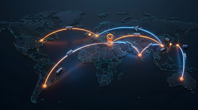 Global interconnected transportation and communication network illuminated across world map highlighting major routes and nodes