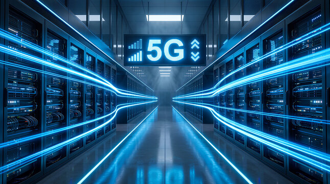 futuristic 5g data center with advanced networking infrastructure and glowing blue laser-like data streams