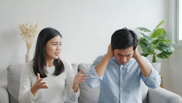 Asian couple having heated argument on gray sofa at home with angry wife shouting and frustrated husband covering ears showing relationship conflict and stress