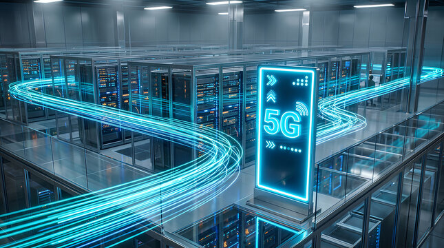 futuristic data center with glowing 5g technology infrastructure and illuminated pathways showcasing advanced telecommunication