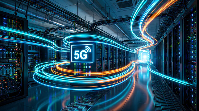 advanced 5g network infrastructure in data center with glowing fiber optic cables and digital signaling