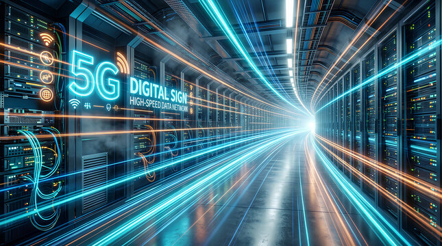 futuristic digital data network infrastructure emphasizing high speed data transmission and 5g technology in a modern data center