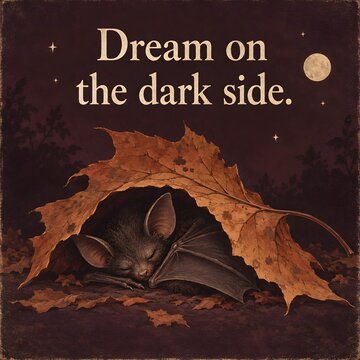 Dream on the dark side: A small bat sleeps peacefully nestled under a large autumn leaf, surrounded by fallen leaves and a starry night sky. The moon hangs in the background.