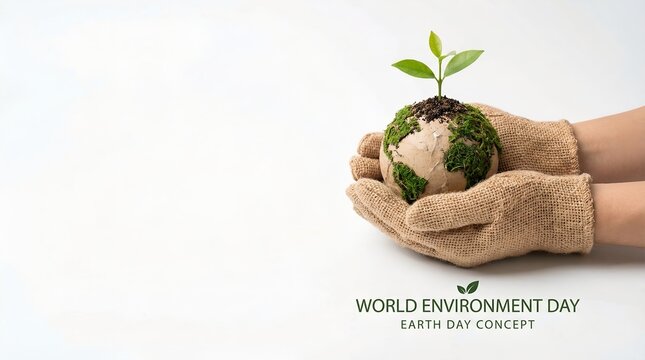 Hands in gloves holding a mini planet with green sprout, signifying hope for the environment