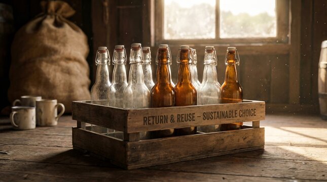 Wooden crate filled with old glass bottles sits on a wooden floor in a rustic barn. Sunlight streams through a window in the background, illuminating dust motes in the air.