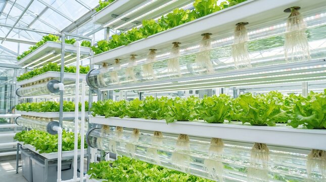 Rows of fresh green lettuce growing in a hydroponic system inside a greenhouse