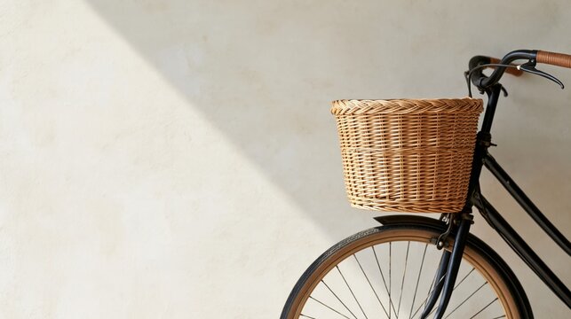Stylish black vintage bicycle with a woven wicker basket parked against a blank textured wall