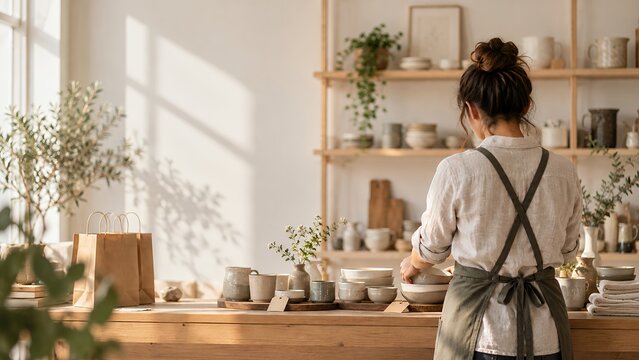 Boutique Owner Arranging Ceramic Homewares