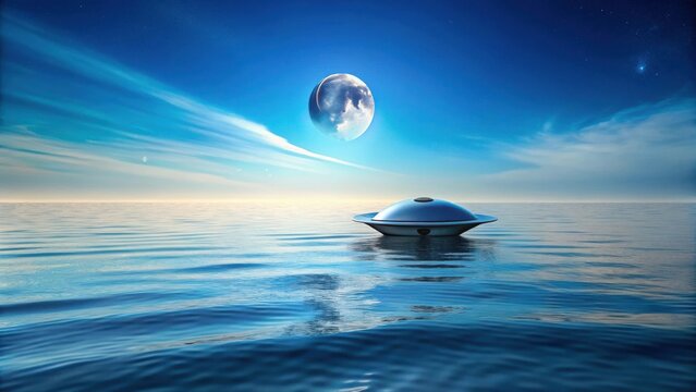 Serene Aquatic Encounter A Futuristic Vessel Floats Gently on Tranquil Waters Under a Celestial Canvas of Stars and a Distant Moon