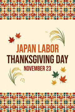 Japan labor thanksgiving day poster with autumn leaves and rice stalks