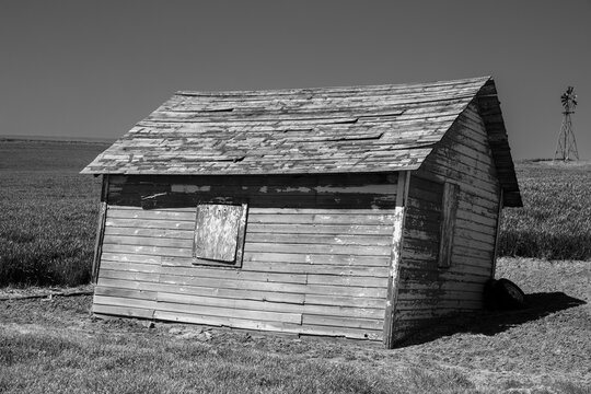 An abandoned old barn tilting to one side, wheat field in distance, Palouse