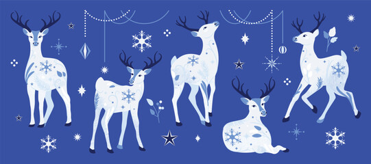 Fototapeta premium Christmas reindeer set with ornamental in different position. Happy holiday watercolor clipart for cards, invitations, crafts, winter seasonal design. Hand drawn deer.