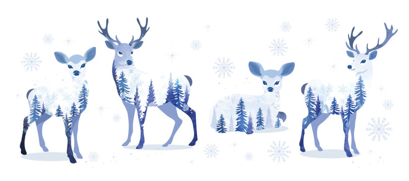 Christmas reindeer set with ornamental in different position. Happy holiday watercolor clipart for cards, invitations, crafts, winter seasonal design. Hand drawn deer.