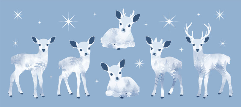Christmas reindeer set with ornamental in different position. Happy holiday watercolor clipart for cards, invitations, crafts, winter seasonal design. Hand drawn deer.