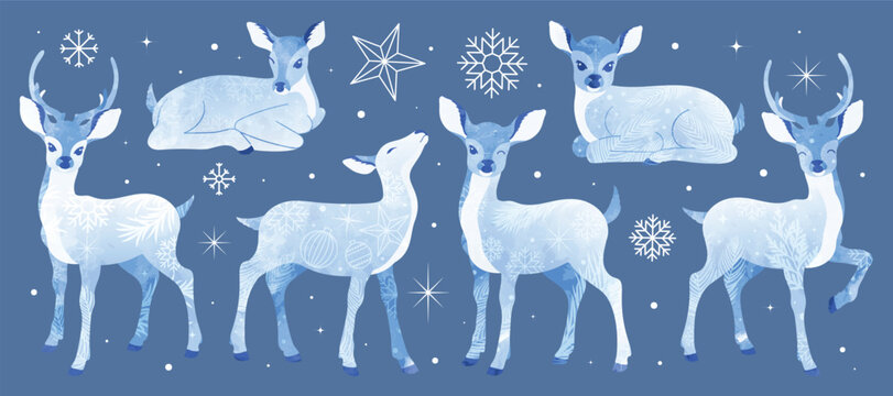Christmas reindeer set with ornamental in different position. Happy holiday watercolor clipart for cards, invitations, crafts, winter seasonal design. Hand drawn deer.
