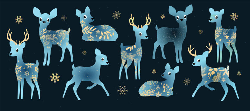Christmas reindeer set with ornamental in different position. Happy holiday watercolor clipart for cards, invitations, crafts, winter seasonal design. Hand drawn deer.
