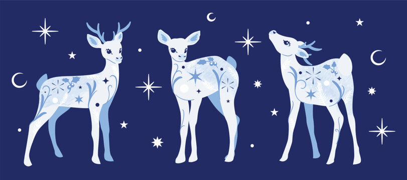 Christmas reindeer set with ornamental in different position. Happy holiday watercolor clipart for cards, invitations, crafts, winter seasonal design. Hand drawn deer.