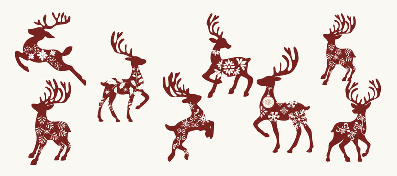 Christmas reindeer set with ornamental in different position. Happy holiday watercolor clipart for cards, invitations, crafts, winter seasonal design. Hand drawn deer.