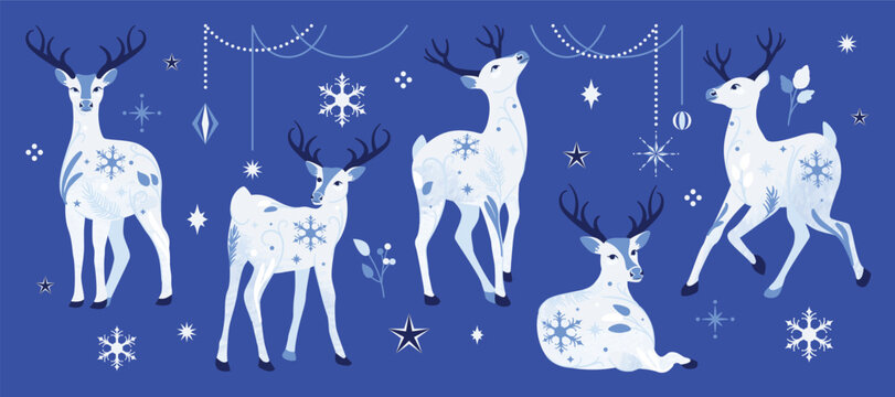 Christmas reindeer set with ornamental in different position. Happy holiday watercolor clipart for cards, invitations, crafts, winter seasonal design. Hand drawn deer.