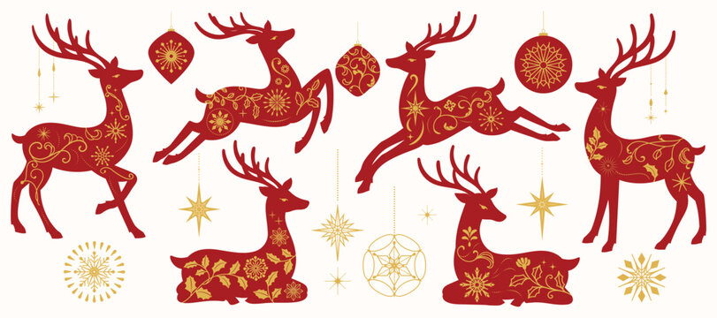 Christmas reindeer set with ornamental in different position. Happy holiday watercolor clipart for cards, invitations, crafts, winter seasonal design. Hand drawn deer.