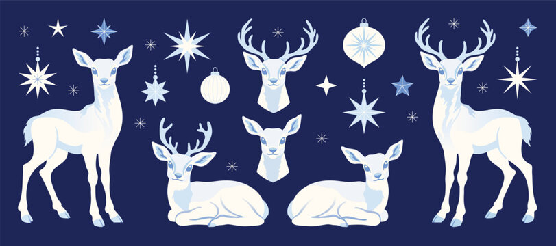 Christmas reindeer set with ornamental in different position. Happy holiday watercolor clipart for cards, invitations, crafts, winter seasonal design. Hand drawn deer.