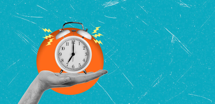 Art collage showing a hand holding an alarm clock with an orange background and sound lines around the clock