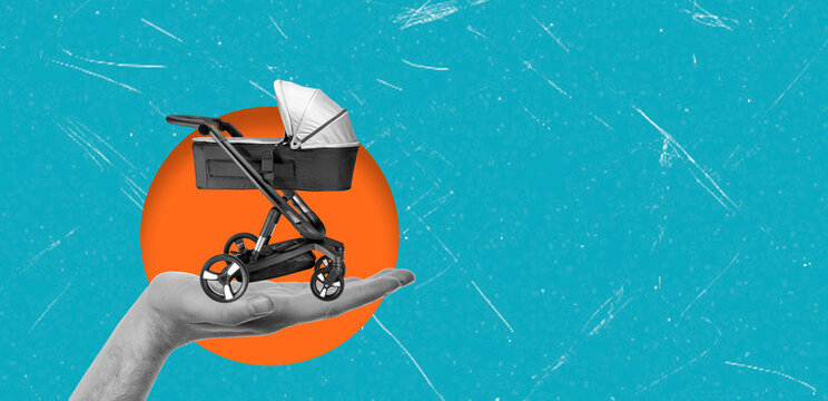 Art collage featuring a hand holding a stroller against a bright background