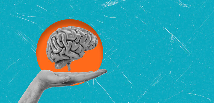 Art collage showcasing a brain held in a hand with a colorful background