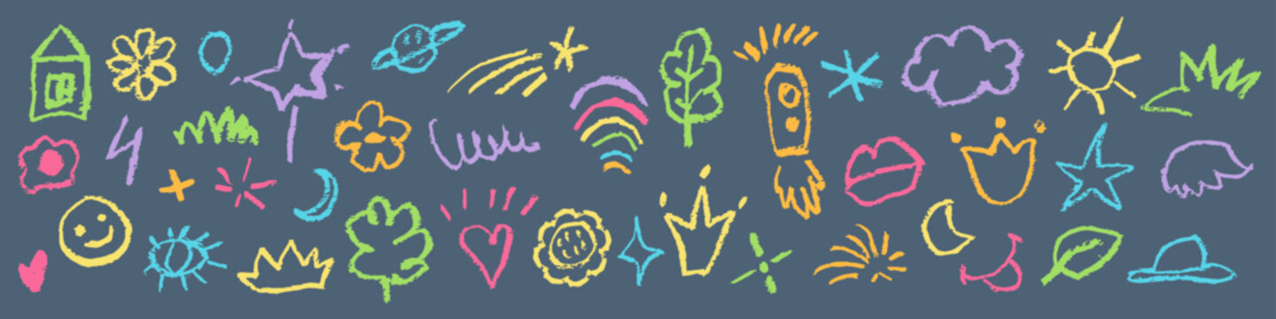 Colorful hand drawn chalk doodles of flowers stars hearts clouds and a smiling face scattered across a dark blue horizontal chalkboard background