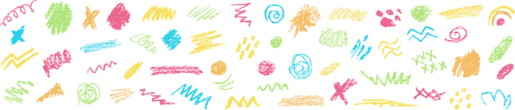 Colorful hand drawn doodles fill a purple horizontal background with loose zigzags circles and playful textured strokes in an abstract pattern