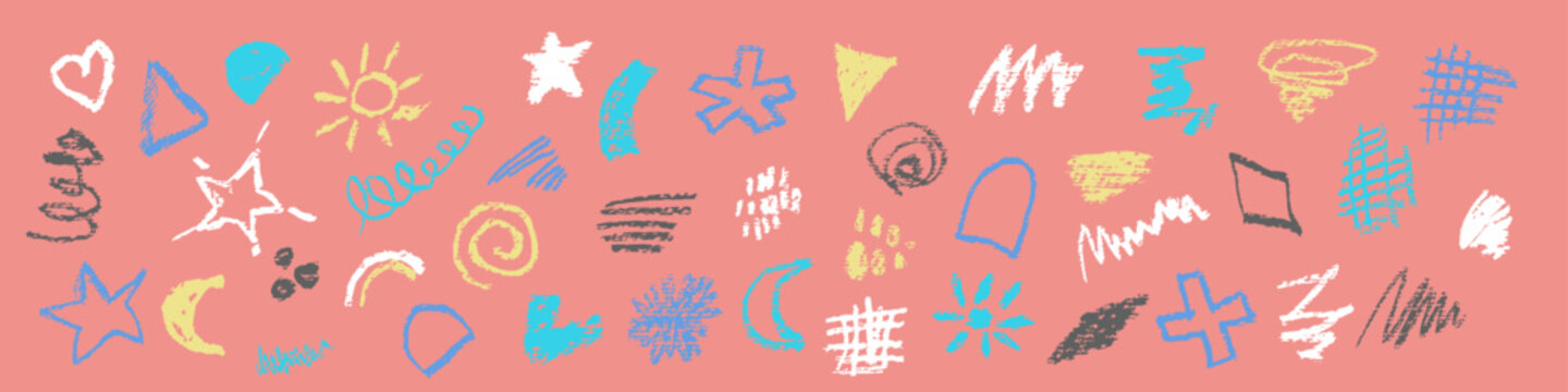 Colorful hand drawn doodle marks with stars hearts arrows suns and abstract scribbles scattered across a wide coral pink background in playful sketch style