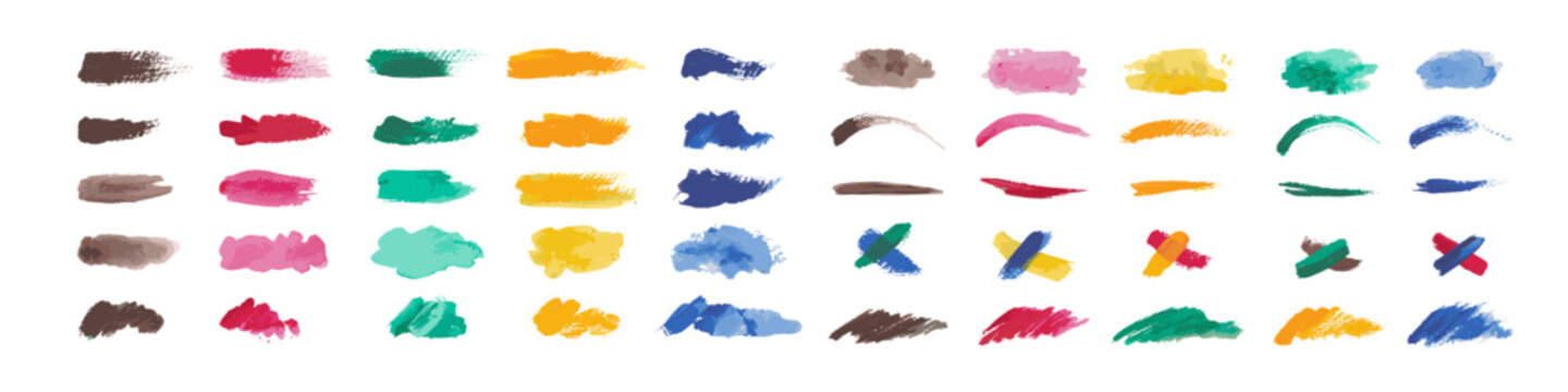 Colorful hand painted brush strokes and swatches arranged in neat rows with rough textured edges and varied hues on a clean white background