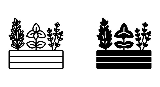 Herbs in Planter Icons, Culinary Greens Vector Set, Organic Garden Symbols
