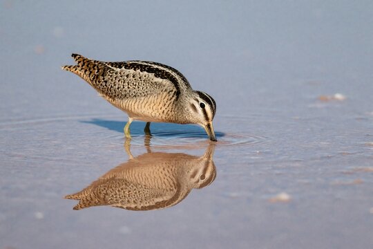 Common woodcock bird searches for food in shallow salt lake water. Brown patterned shorebird stands on wet sand with clear reflection in calm lake. Wild snipe uses long beak to probe wetland mud for