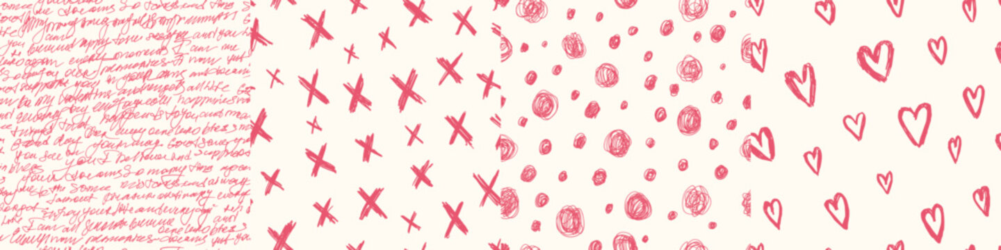 Wide horizontal hand drawn doodle pattern with pink hearts circles crosses and decorative cursive script scattered across a warm ivory background in a playful romantic style