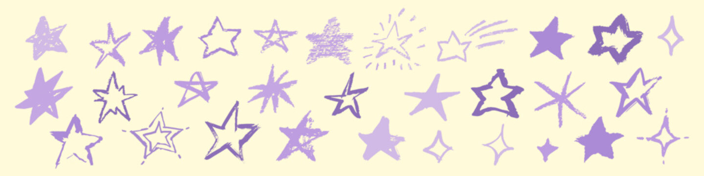 Hand drawn purple star doodles arranged in a playful horizontal decorative border on a pale cream background with sketchy outlines and solid shapes