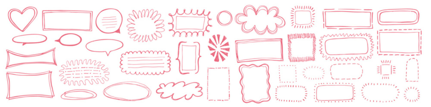 Hand drawn pink outline collection of decorative frames and speech bubbles with blank labels and playful assorted shapes for stationery and creative layout designs