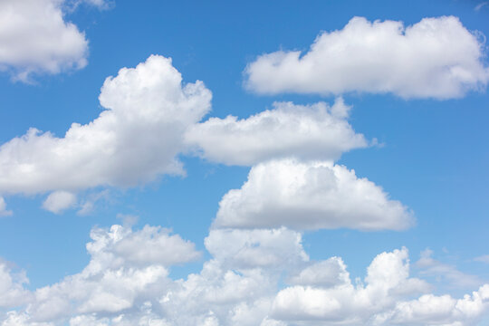 Cumulous clouds, white shaped clouds in a blue sky.