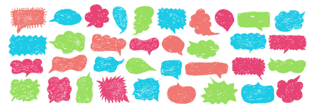 Colorful hand drawn speech bubbles in varied shapes with rough crayon texture arranged in a playful horizontal set on white for messaging and communication designs