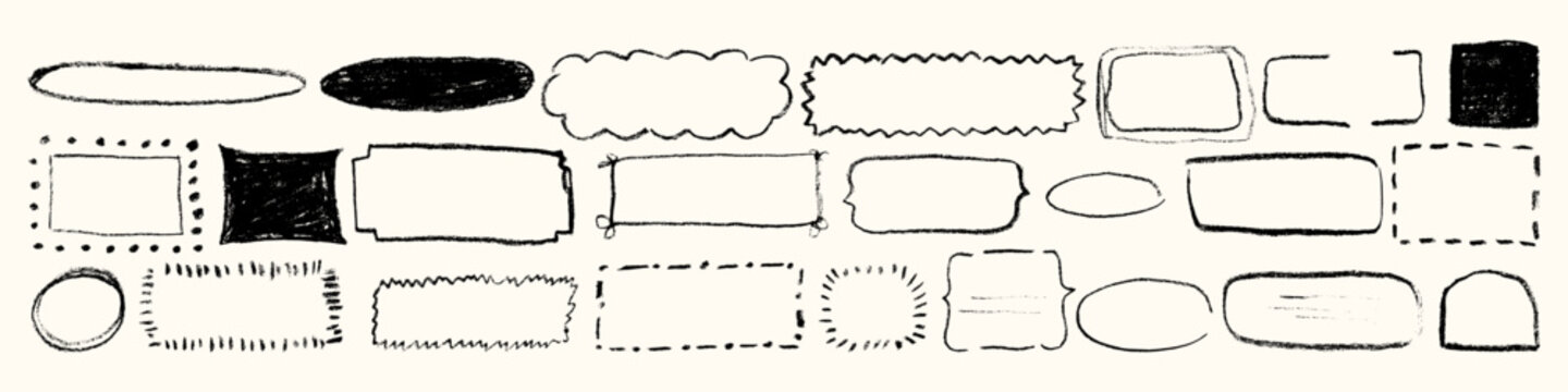 Hand drawn doodle collection of black outline frames and decorative labels featuring oval shapes and speech bubbles alongside scalloped borders and blank shapes on a light background