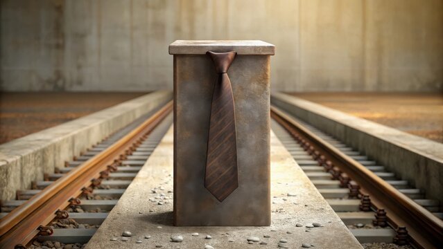 A weathered necktie rests atop a concrete block situated between railway tracks, symbolizing a journey's end or a career's conclusion