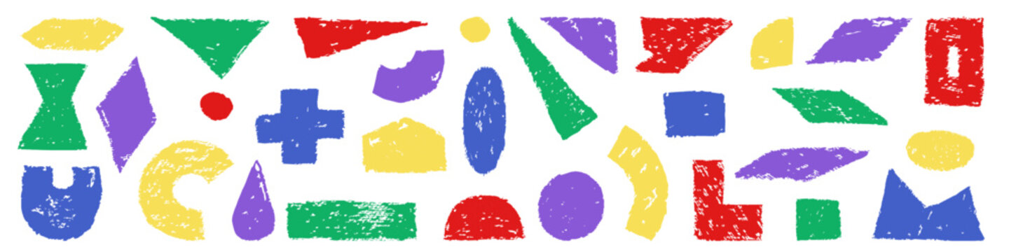 Colorful hand painted geometric shapes and abstract marks scattered across a white horizontal background with distressed brush texture and a playful modern feel